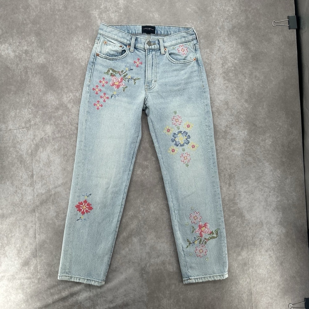 Lucky Brand Mid Rise Floral Embroidered Relaxed Straight Jeans 0/25A